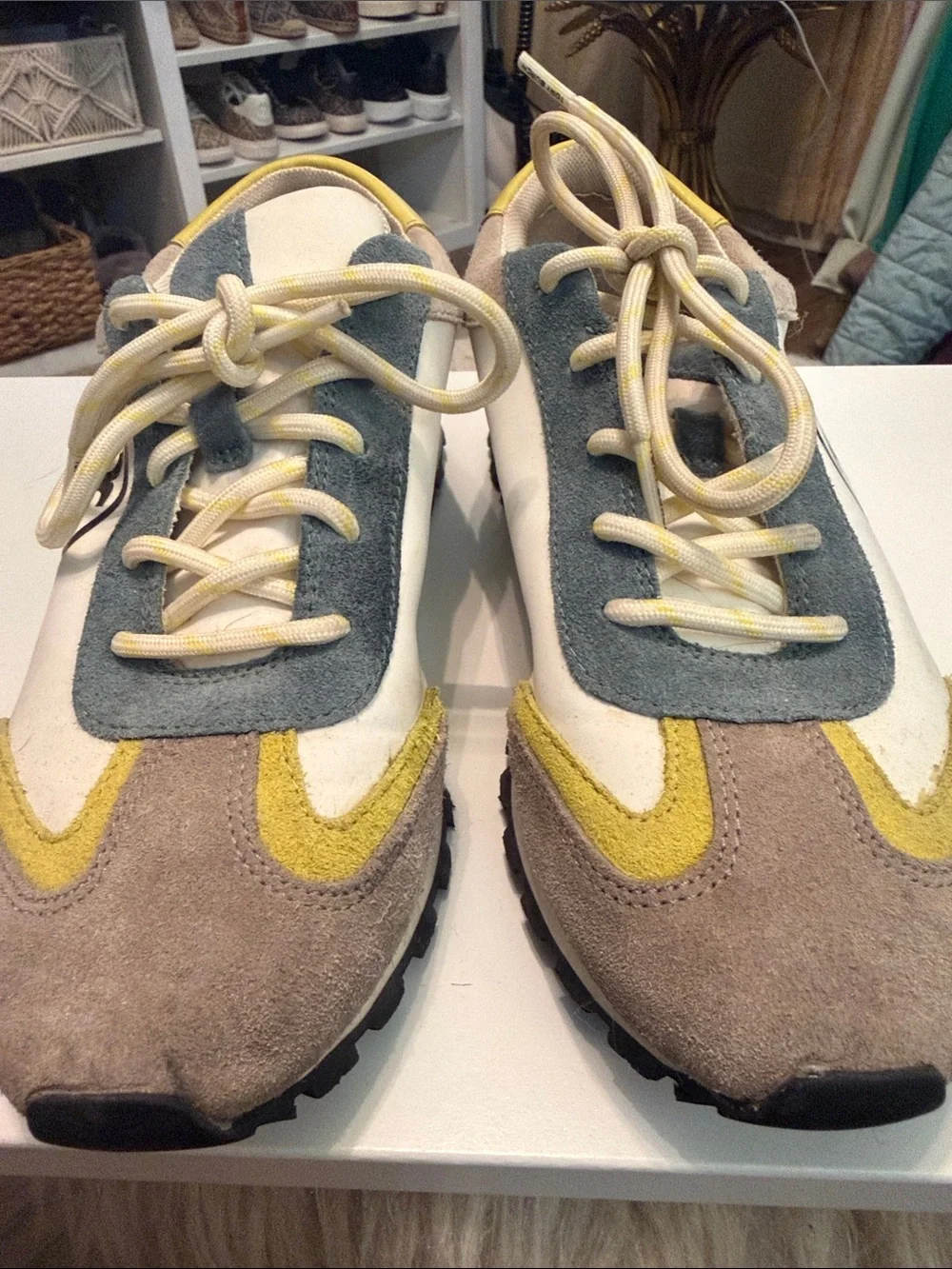 Tory Burch Nylon Yellow & Gray Suede-Trim Runner Sneakers